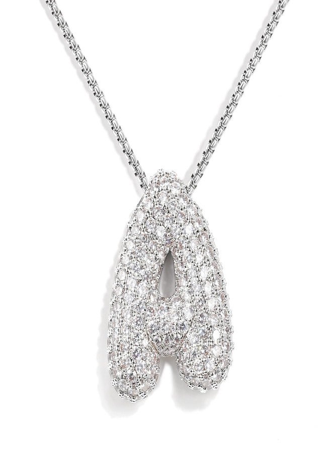 AGGRAD Balloon Bubble Letter Necklace Silver Initial Diamond Pendant Chain Necklace Dainty Pave Fashion Jewelry Gift for Women Teen - A - Image 1